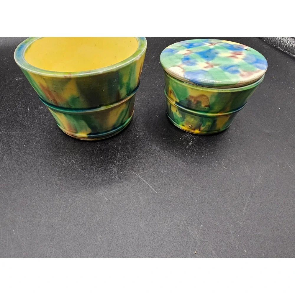 Vintage Studio Pottery Hand Glazed Ceramic Pots Set of 2 Green Yellow Blue